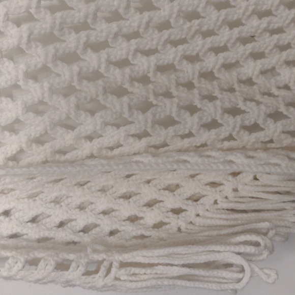 Handmade Crochet Cream Open Knit Shawl Boho Fringe Blanket Shawl - Picture 6 of 16